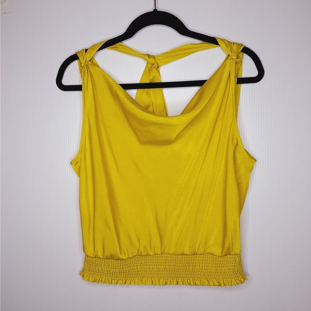 Anthropologie Maeve Alida Satin Cowl Neck Top Chartreuse 8 Draped Cropped Tie - Picture 3 of 11